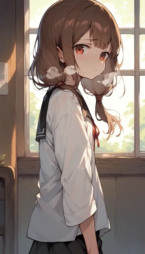 Browsing Caution,Sweat,White Breath,Kaguya-sama: Love is War,Iino Miko,room,Standing posture,brown hair low twintails,Change of clothes,uniform