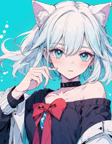 (knit), Off the shoulder,whole body, ((masterpiece, Highest quality:1.5)), ((Beautiful and detailed cat aqua eyes:1.2)), Cat ear, Pale skin, Small breasts, Beautiful Hands, Beautiful fingers, Easy Negative