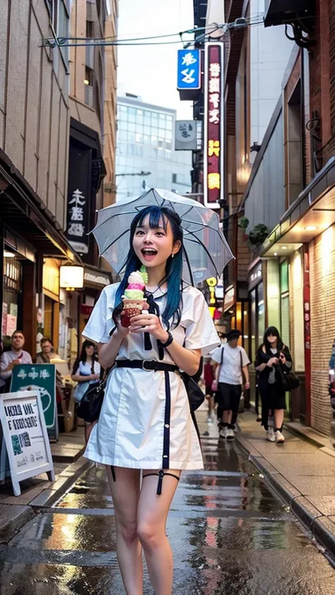 1girl, 独奏, open mouth,toothy smile, brown short hair,looking at view,holding, jewelry, earrings, food, indoors, plaid, eating in the cafe, holding food, realistic, ice cream, ice cream cone,(Highest quality, masterpiece: 1.3), One girl, Wet day, fog, alley...