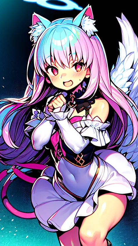 hyper precise hyper detailed illustrations,fate grand order style,1short shota,pink hair,long hair,angel halo,cat ear,cat tail,open mouth cat smile,looks like little bitch,Whip thick thighs,adult-game style magical girl costume,