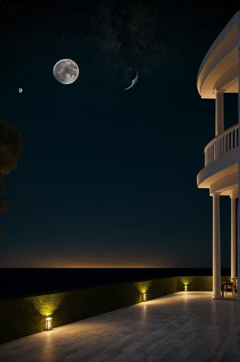 sea of night,field,the sky is pitch black,no moon,view from the villa,realistic,more realistic,seaside terrace,8k ultra hd, digi...