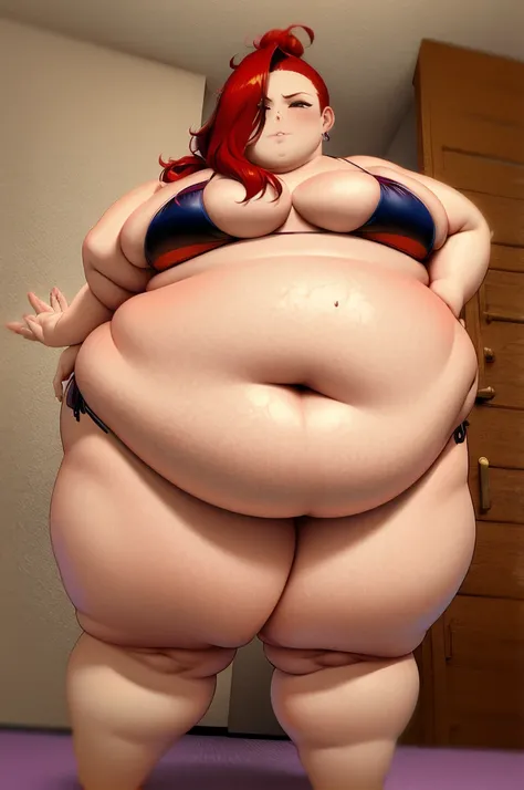 make redhaired ssbbw fat big belly obese girl in too small bikini and she hold smatrphone at home