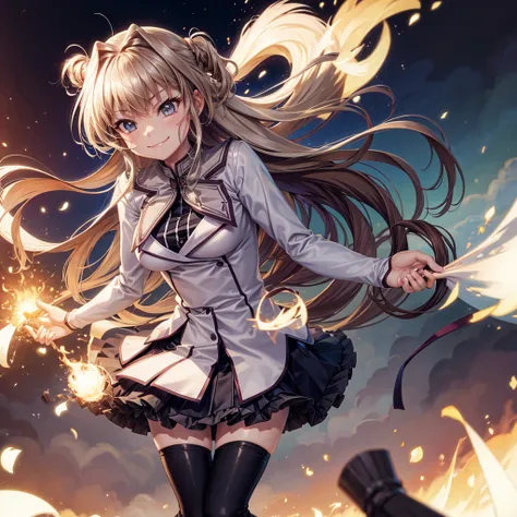 Best Quality，middle School girls，Superpowered girl，Pyrokinesis，Fire User，smile，Highest quality，Big Breastulti-colored hair，Cute uniform，She has her bangs down，blazer，Academy，future，cardigan，Beautiful girls，Horny girl，Naughty Girlasterpiece，perfection，Long ...