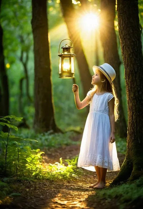 Green Forest，Many large trees，Little girl holding a lantern，Wearing a white dress，long hair，Wear a hat，Backlight，evening，Golden rays of light penetrate the woods，