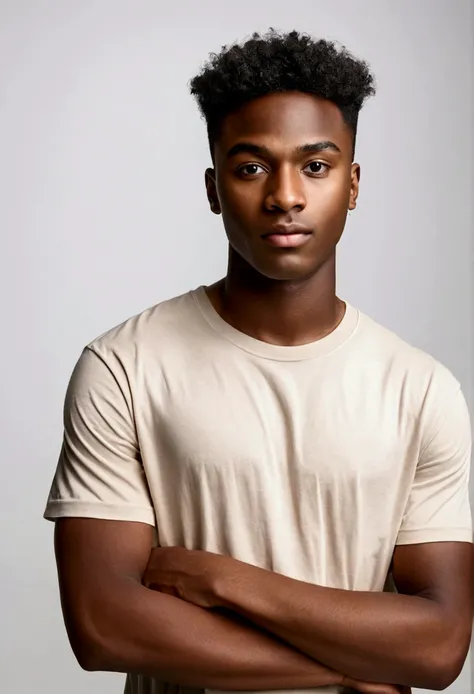 make a young 20-year-old dark-skinned man wearing a looser light beige t-shirt, I don&#39;t want a stuck t-shirt, A realistic photo, on a white studio background, the front part.
