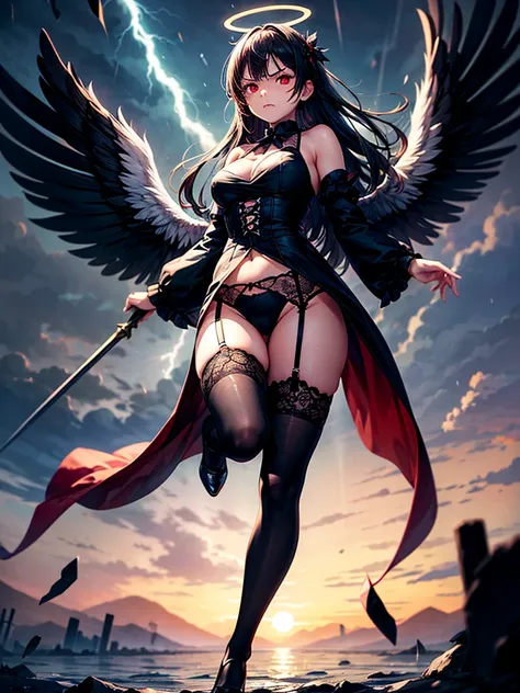 Highest quality,Highest Resolution,Beautiful girl with angry face in gothic lolita leotard,High leg,(((Floating in the air))),Halo,Night Sky,Severe lightning strike,Thick Lightning,Very beautiful red eyes,rain,(((Black angel wings on the back))),whole body...