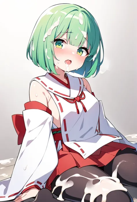 1 girl, cute, young, green hair, bob haircut, green eyes, miko clothes, black tights, excessive cum, bukkake,