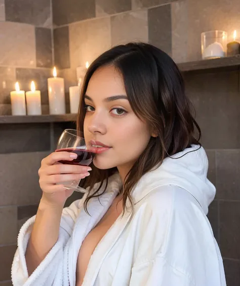 a girl with comfy robe. drinking wine. candles, skincare, background