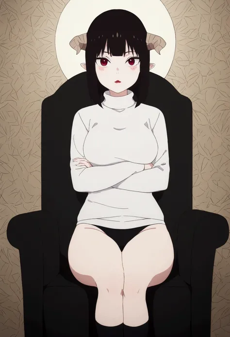 (work of art, ultra detali,high resolution,8K), 1 girl ,standing alone,hinterland,Look to viewer, TochaTortura, trunk,sheen,brunette skin,sitting on a chair,legs crossed,,black socks,horns on head,He would be,face red,blushed,staring overhead,White sweater...