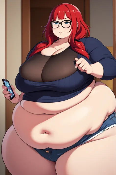 make redhaired ssbbw fat big belly obese girl in too tight bikini at home and shes holding a smartphone