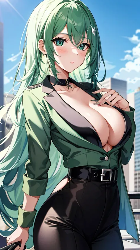 1 girl 20 year old , long green hair, (black eyes:1.5), pink cheeks, serious BREAK, determined face, determined expression, Acceptable, BREAK (masterpiece:1.2), Quality best, high resolution award, advanced details, perfect image quality, standing, encoura...