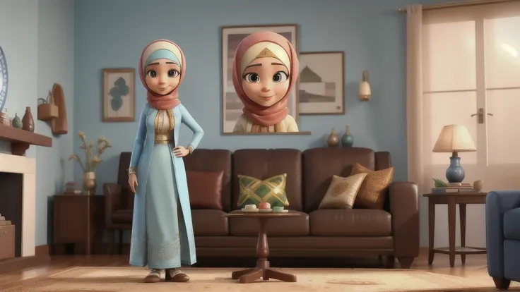 a close-up of a women with a Muslim hijab in her living room, beautiful face, big smile, elegant long modern skirt, (pixarstyle:1.25), natural skin texture, 4k textures, intricate, highly detailed, sharp focus, hyperdetailed 