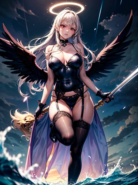 Highest quality,Highest Resolution,Beautiful girl with angry face in gothic lolita leotard,High leg,(((Floating in the air))),Halo,Night Sky,Severe lightning strike,Thick Lightning,Very beautiful red eyes,rain,(((Black angel wings on the back))),whole body...