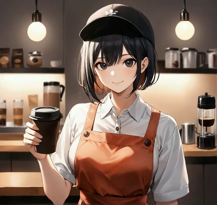 Adding details，high resolution，Upper Body，Front view，black hair，short hair，Straight Hair，Black sports cap，Smile，Cafe，Coffee in hand，headlight，Ambient Light，Low saturation，Dark apron，Minimalist environment， black eyes，Holding a coffee cup,