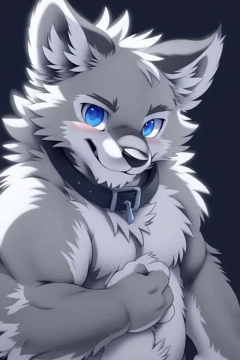 gray wolf, (full grey fur:1.5), solitary, perfect sky blue eyes, collar, (artist:takemoto arashi), look at the audience, cute fa...