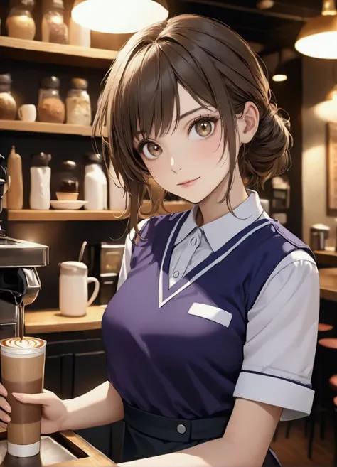 masterpiece, (photorealistic:1.4), best quality, beautiful lighting, looking at viewer,1girl, A girl makes coffee in a cafe, wearing worker uniform, intricate, High Detail, Sharp focus, dramatic,beautiful woman, golden details , 8k uhd, film grain