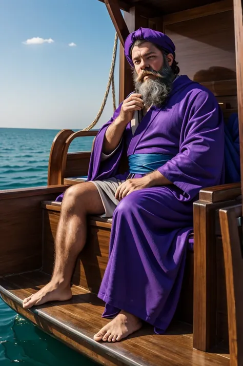 a biblical character, purple beard, Blue robe sitting in the boat listening to Jesus who is standing in front 