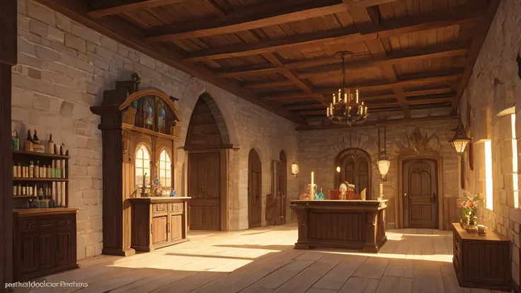 medieval european style building、reception counter、a place for adventurers to visit、guild