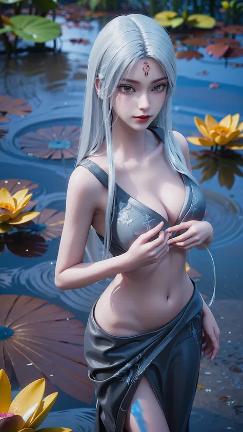 a girl bathing in water, water flowing over her shoulders and above, no clothes, hands placed in front of her chest covering her breasts, blue glowing lotus flowers on the water surface, only her shoulders visible above the water