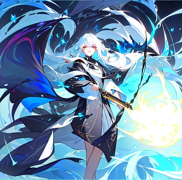 White hair，Exquisite eye makeup，Vermilion eyes，Fantasy style，Complex composition，Floating long hair，Seven colors，luster，Liquid explosion，Elegant black robe，Black tunic，Streamer，color，Records of the World，Thunder and Fire Spell，Good at magic，masterpiece，Bes...