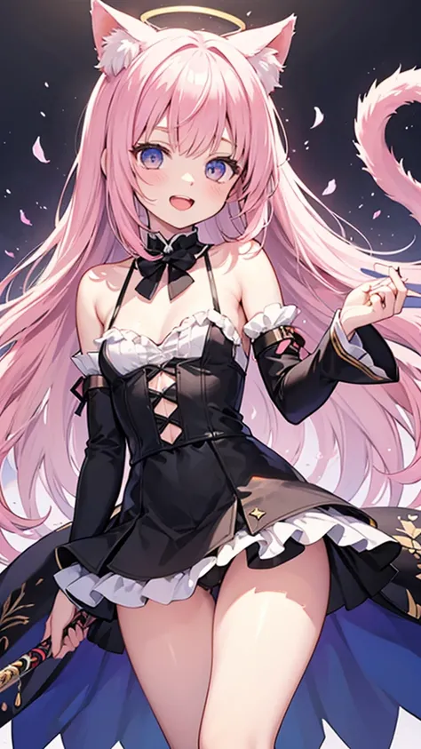 hyper precise hyper detailed illustrations,fate grand order style,1short shota,pink hair,long hair,angel halo,cat ear,cat tail,open mouth cat smile,looks like little bitch,Whip thick thighs,adult-game style magical girl costume,