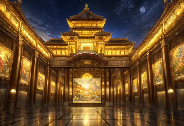 golden palace, gold lighting, riches, night, HDR, 4k resolution, (painting realistic : 1.3), (ultra high resolution: 1.0 ), (((best quality, 8 thousand, masterpiece:1.4))