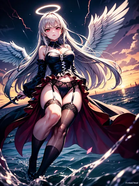 Highest quality,Highest Resolution,Beautiful girl with angry face in gothic lolita leotard,Frills,High leg,(((Floating in the air))),Halo,Night Sky,Severe lightning strike,Thick Lightning,Very beautiful red eyes,rain,(((Black angel wings on the back))),who...