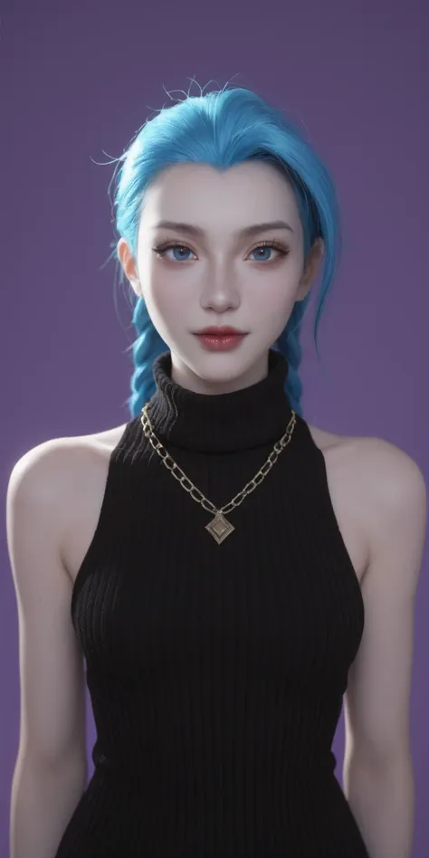 score_9, score_8_up, score_7_up, score_6_up, 
 1girl, solo,cowboy_shot, jinx (league of legends),  looking at viewer, purple background, sidelighting, backlighting, turtleneck sweater, 3d, realistic, sleeveless, necklace, makeup, glowing,