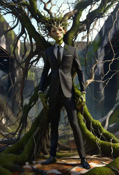 Bioengineered human-tree hybrid,look at viewer,Tangled branches for hair,bark surface,tree face,bark face,สวมใส่ชุดBlack suit,ชุดBlack suit,Black suit,leaves spring from the body,Standing in the desolate ruins,There is moss and vines.,ultra realistic,high ...