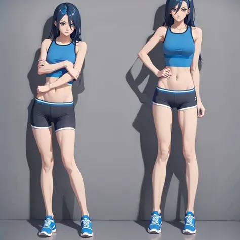 Slim athletic woman, shorts blue hair, blue sports bra, blck spandex shorts, boyshorts, athletic socks, knee high socks, sneakers, standing, sexy, beautiful, public, shy