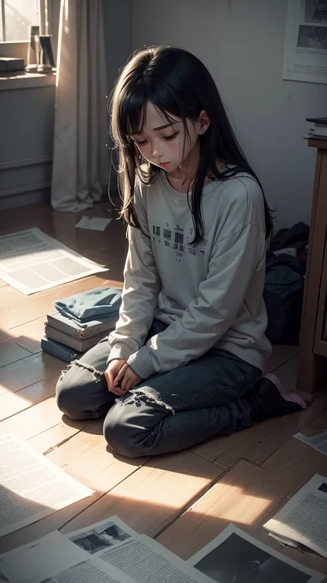 A depressing and sad anime image could depict a young man sitting alone in a dark, untidy room. The dim lighting, coming from a small bedside lamp, casts long, melancholy shadows around the room. The girl is dressed in simple, worn-out clothes, and his eye...