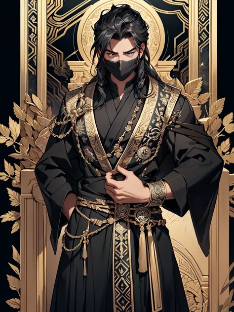 A handsome black haired man wearing a black robe covered in intricate gold and silver decoration, with motifs of ancient symbols representing power and wisdom. His face was covered by an elegant black mask with a design depicting the face of an invincible ...