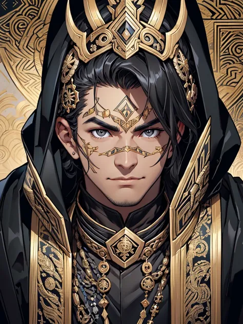 A handsome black haired man wearing a black robe covered in intricate gold and silver decoration, with motifs of ancient symbols representing power and wisdom. His face was covered by an elegant black mask with a design depicting the face of an invincible ...