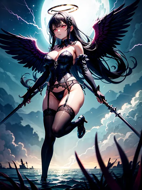 Highest quality,Highest Resolution,Beautiful girl with angry face in gothic lolita leotard,Frills,High leg,(((Floating in the air))),Halo,Night Sky,Severe lightning strike,Thick Lightning,Very beautiful red eyes,rain,(((Black angel wings on the back))),who...