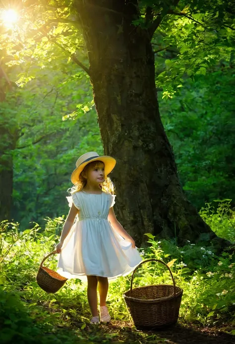 forest，Big green tree，Golden rays of light penetrate the woods，little girl，White Dress，hat，Basket，Back，Backlight，Flowers everywhere