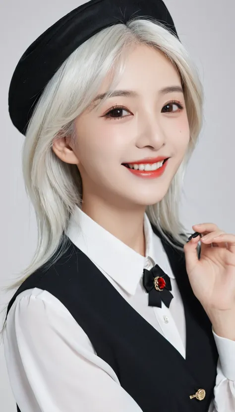 room,Idol cloth,masterpiece,best quality,White hair, Red Eyes,White shirt,(Black formal hat),(Hairpin:1.3),(Small mouth mole:1.3),Smile,high resolution,4K,Black detachable sleeves, Upper Body,