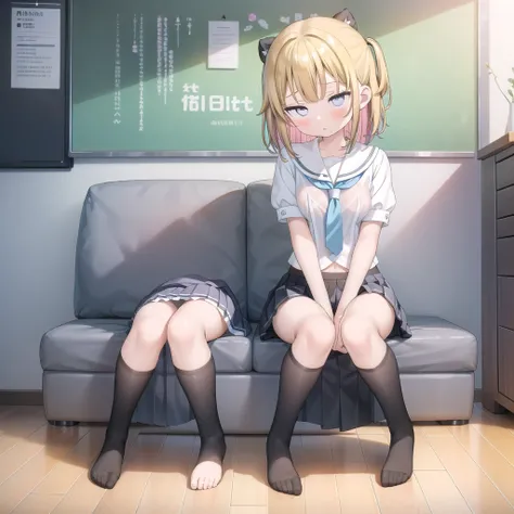 (masterpiece、Highest quality)、Blonde Short Hair、(Schoolgirl uniform、Pleated mini skirt)、(black tights)、Exposed nipples、(Black Pantyhose)、Open your mouth、Hold two VR controllers、Sitting on the floor、Knees up、Knees to chest、Spread leg pose、(White cotton pant...