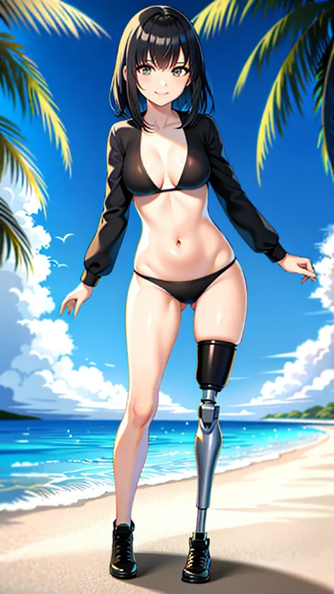 best quality, 1girl, solo, standing, outdoors, beach, medium hair, black hair, straight hair, looking at viewer, medium breasts,  (prosthetic leg:1.2), full body, smiling, two prosthetic legs, black bikini, two pieces bikini. 