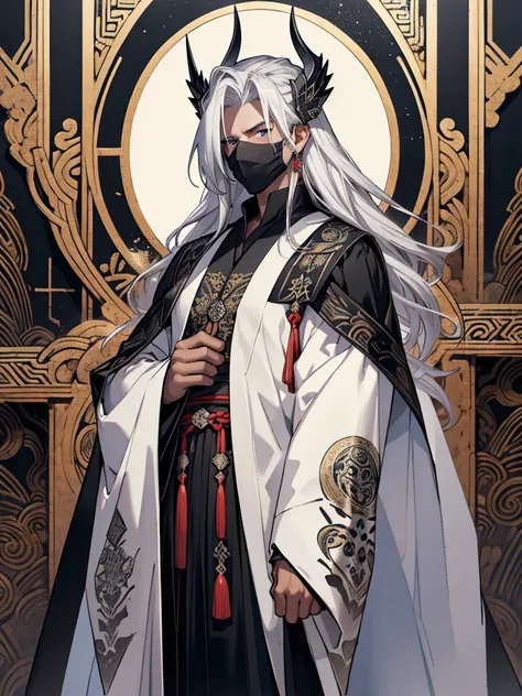 A handsome white haired man wearing a black robe, with motifs of ancient symbols representing power and wisdom. His face was covered by an elegant black mask with a design depicting the face of an invincible ancient god.

