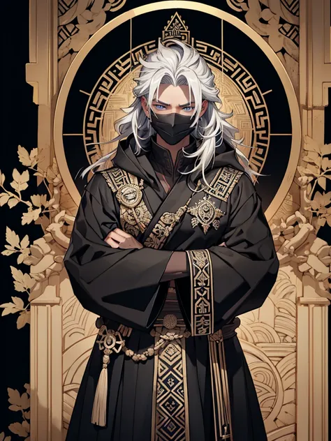 A handsome white haired man wearing a black robe, with motifs of ancient symbols representing power and wisdom. His face was covered by an elegant black mask with a design depicting the face of an invincible ancient god.

