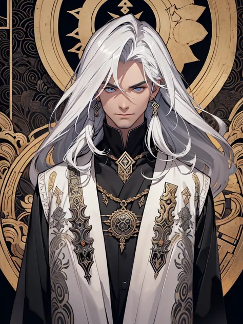 A handsome white haired man wearing a black robe, with motifs of ancient symbols representing power and wisdom. His face was covered by an elegant black mask with a design depicting the face of an invincible ancient god.

