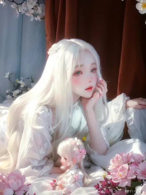 blond haired girl laying on bed with teddy bear and flowers, pale young ghost girl, ball jointed doll, guweiz, pale porcelain white skin, artwork in the style of guweiz, pale milky white porcelain skin, porcelain white skin, with long white hair, guweiz ma...