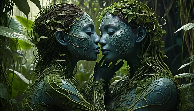 two people hugging each other in the jungle, in the style of ethereal figures, made of vines, physically based rendering, detailed facial features, earthcore, dark and intricate, firecore 