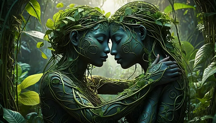 two people hugging each other in the jungle, in the style of ethereal figures, made of vines, physically based rendering, detailed facial features, earthcore, dark and intricate, firecore 