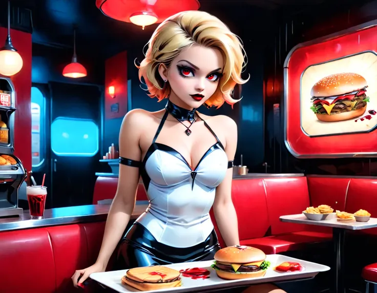 a 3d digital painting picture of extremely (beautiful female vanpire:1.3) ((serving a big juicy hamburger: 1.3)) on a tray, drip...