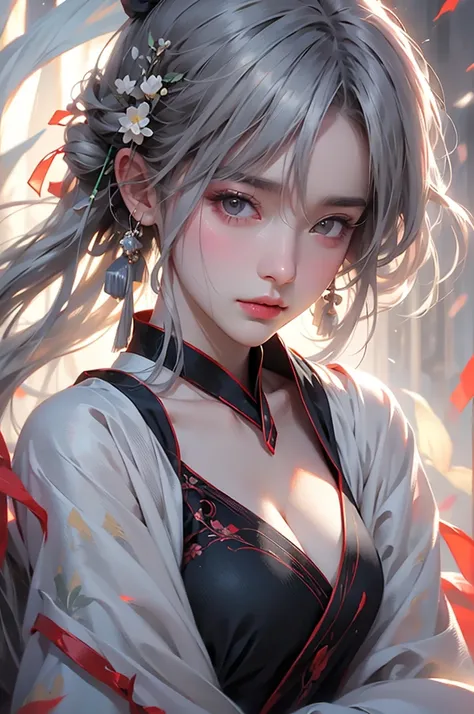 super high quality, masterpiece, Perfect illustration, Very detailed (Exquisite light and shadow, Very dramatic photo,Backlight) , ((Gray Hair:1.5))1 Girl,(( alone:1.6)), (Wearing Han clothes, Black and white Hanfu,Monotony,Long sleeve) Flower Field, Flowe...