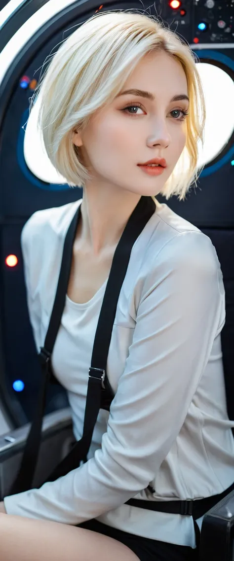 A young sexy blond woman，Keep short hair，Wearing hot clothes，Sitting in the seat of a spaceship，Windows can show beautiful stars