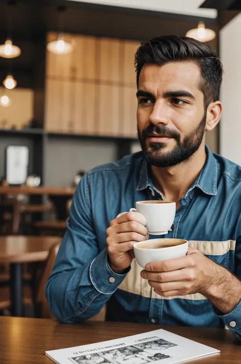 Man having a coffee, comic format, closeup and medium angle