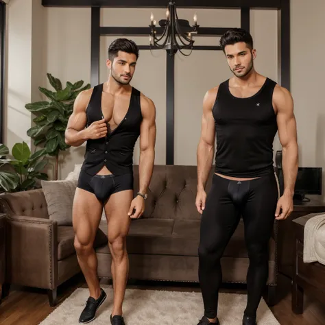 A man in Indian LUX VENUS   undervest and LUX Classio    black underwear make full body photograph black underwear with one boyfriend in undervest and were black trunk underwear