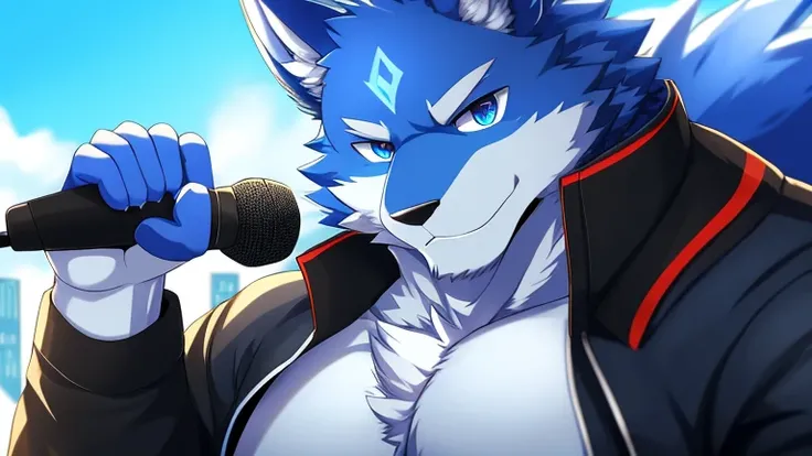 bynamic angle,depth of field, motion blur, absurdres,looking at viewer, (best quality), (masterpiece), (ultra detailed),(detailed eyes),sharp focus,manga,anthro male Blue Wolf,(muscular),Huge body chest , own pet kitty ,sky blue eyes,handsome jacket blue c...